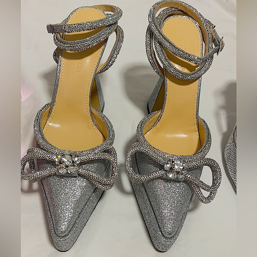 🪩MACH&MACH🪩Leather double bow platform pumps 140 mm silver glitter size 37